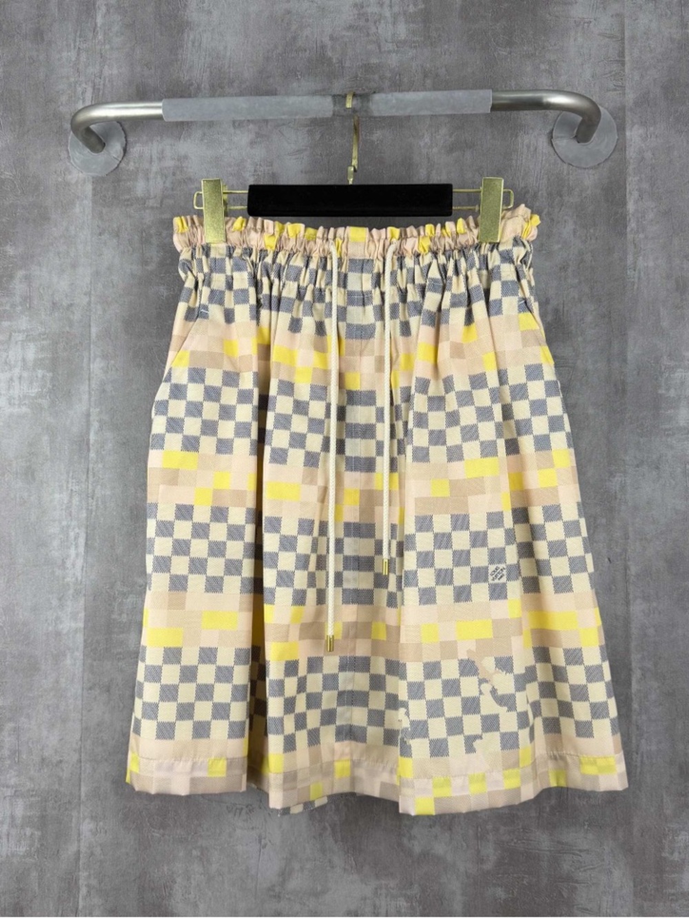 Authentic Louis Vuitton Yellow, Gray and Cream Checkered A-Line Skirt